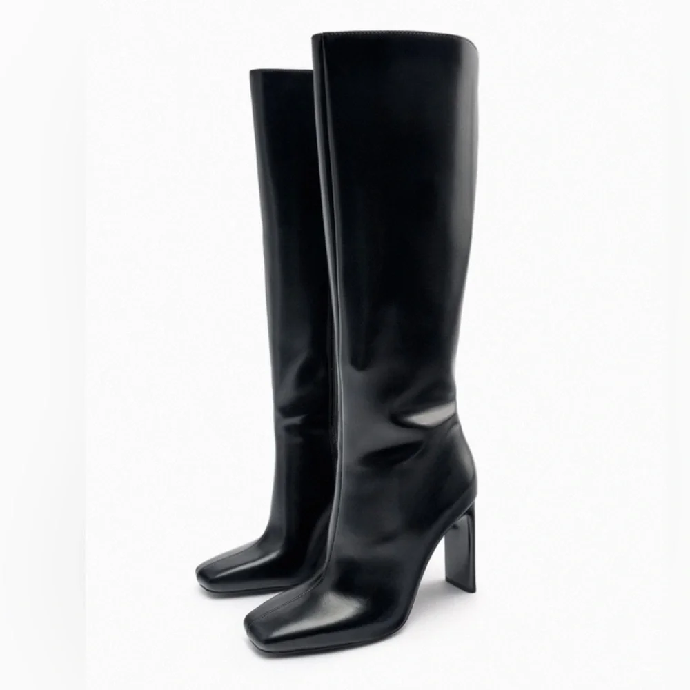 Zara NWOT Black square toe knee high boots premium faux leather heeled boots - Picture 5 of 15